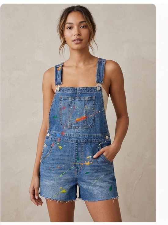 No Boundaries Denim - Take 50% OFF- No Boundaries Paint-Splattered Denim Overall Shorts - Blue, Size-M